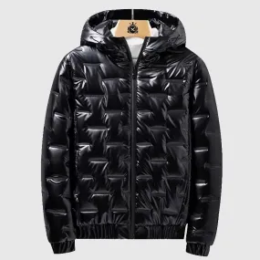 Men Zip Up Drawstring Hooded Winter Black Leather Puffer Coat Without Top