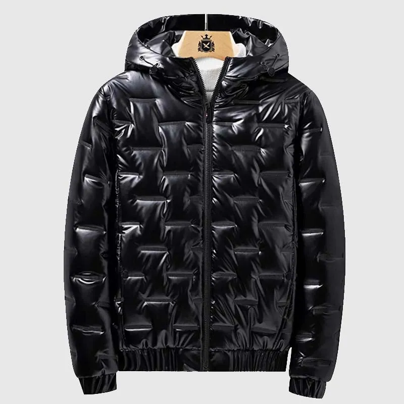 Men Zip Up Drawstring Hooded Winter Black Leather Puffer Coat Without Top