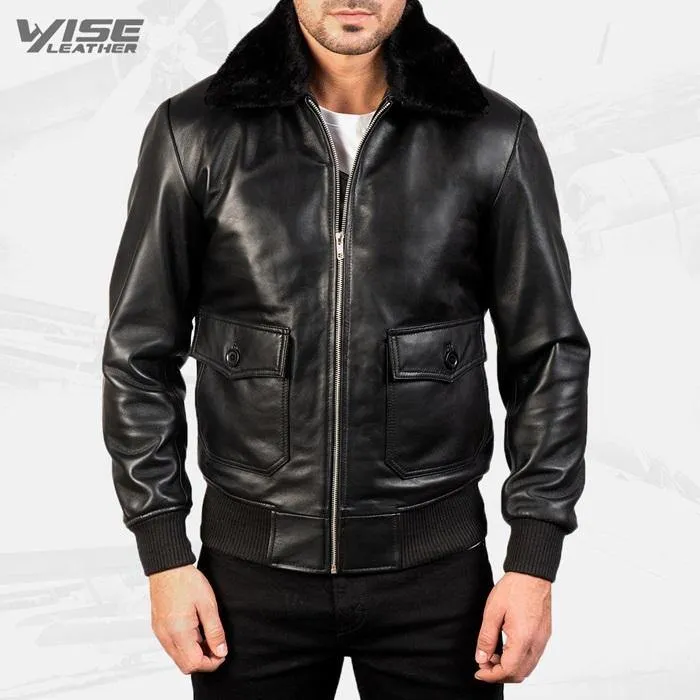 Men's Aviator G-1 Black Leather Bomber Jacket