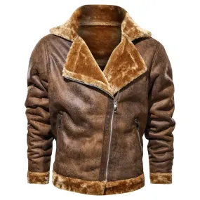 Men’s B3 Bomber Aviator Vintage Distressed Brown Genuine Sheepskin Faux Fur Lapel Collar Asymmetric Leather Jacket