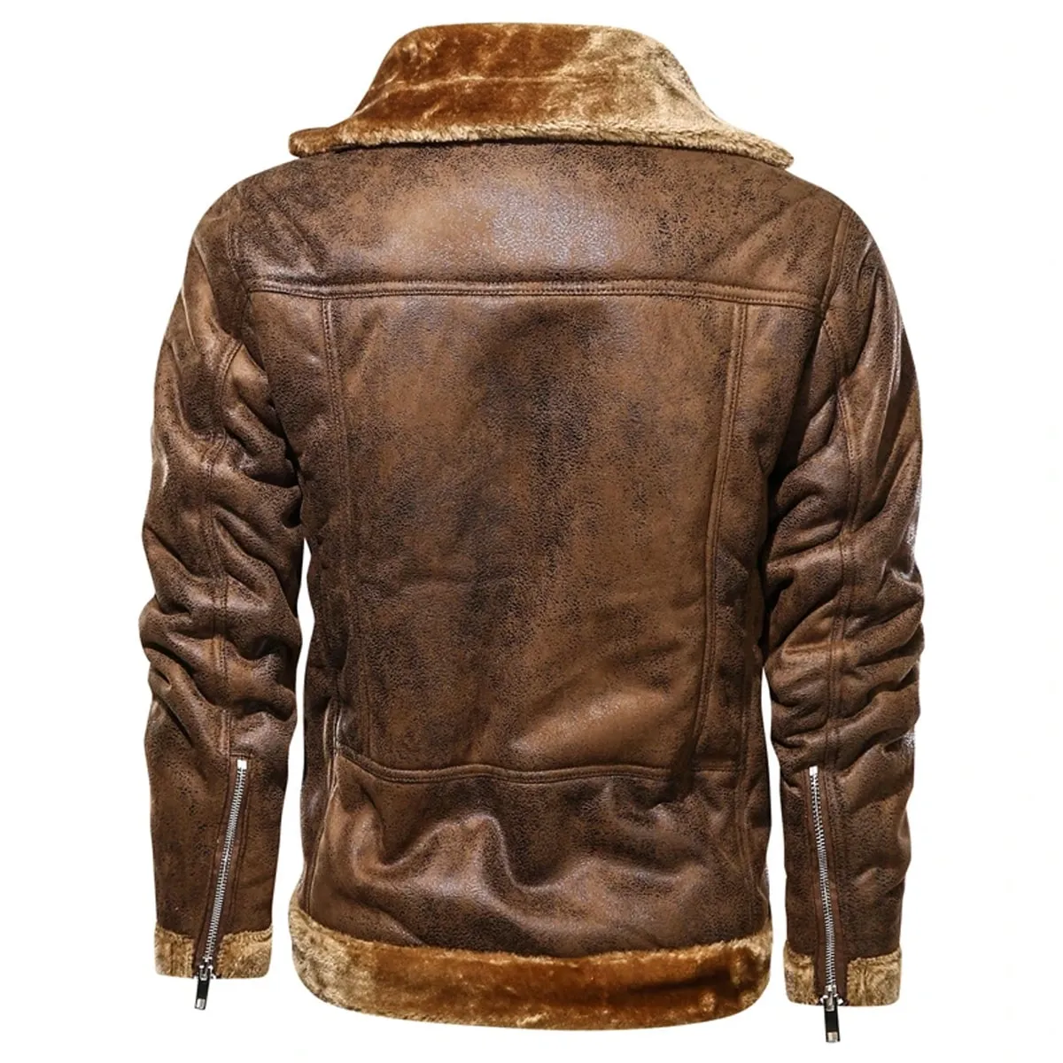 Men’s B3 Bomber Aviator Vintage Distressed Brown Genuine Sheepskin Faux Fur Lapel Collar Asymmetric Leather Jacket