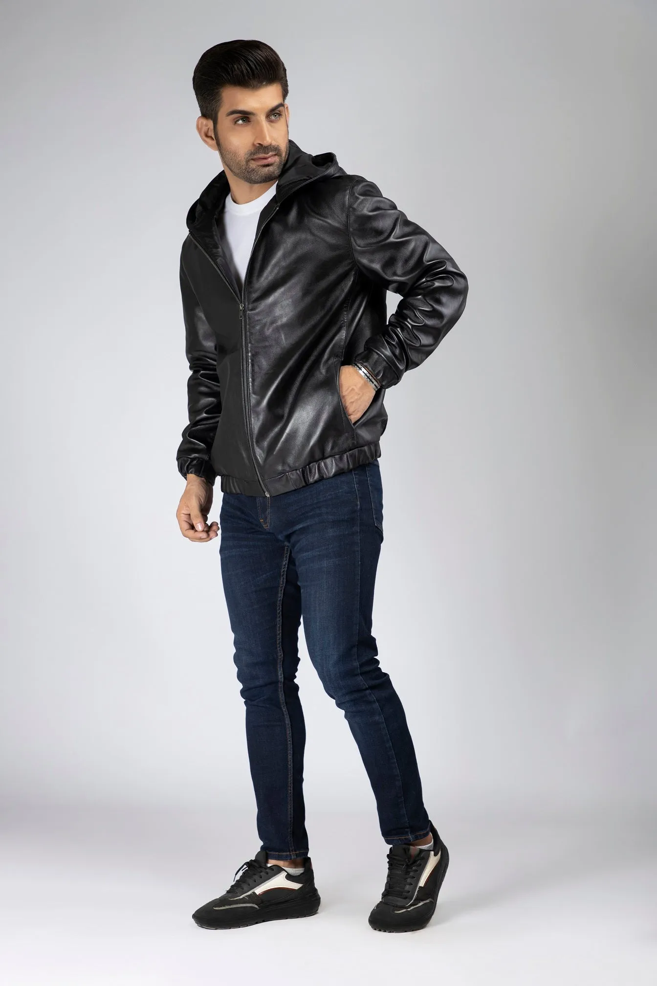 Mens Bardolf Simple Genuine Lambskin Leather Hooded Bomber Jacket