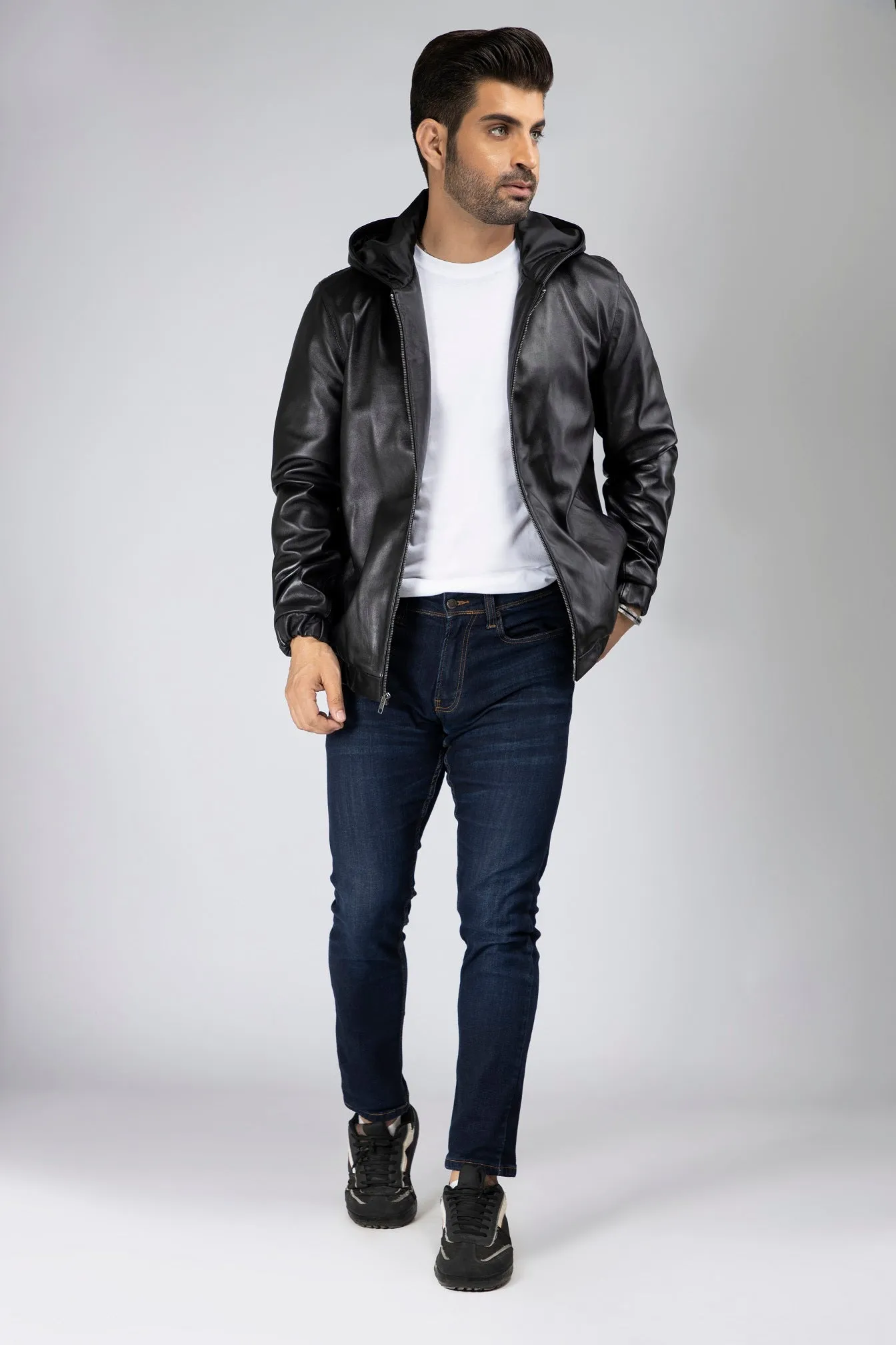 Mens Bardolf Simple Genuine Lambskin Leather Hooded Bomber Jacket