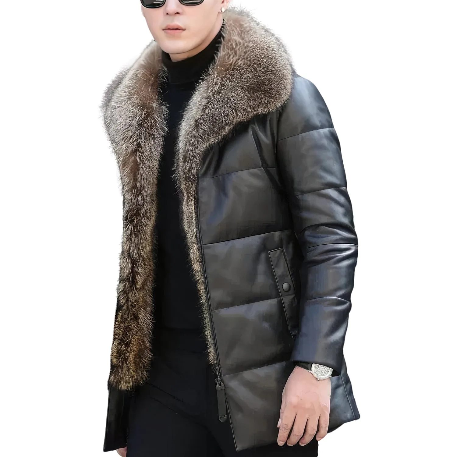 Men’s Black Genuine Sheepskin Detachable Sherpa Shearling Faux Fur Lined Business Thick Warm Slim Fit Padded Leather Puffer Jacket