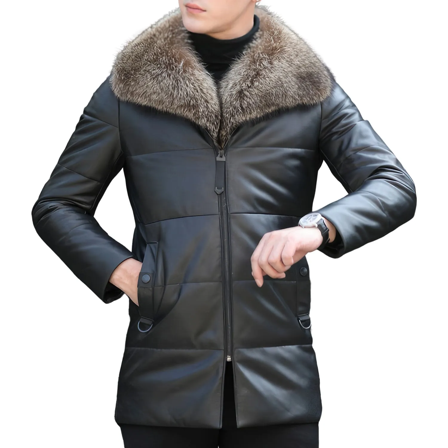 Men’s Black Genuine Sheepskin Detachable Sherpa Shearling Faux Fur Lined Business Thick Warm Slim Fit Padded Leather Puffer Jacket