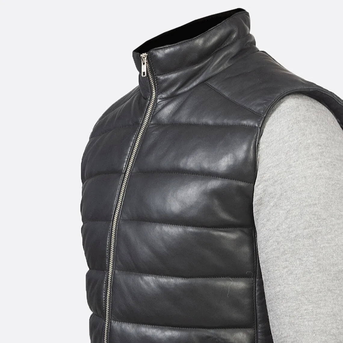 Men's Black Leather Puffer Vest with Zipper Closure and Side Pockets