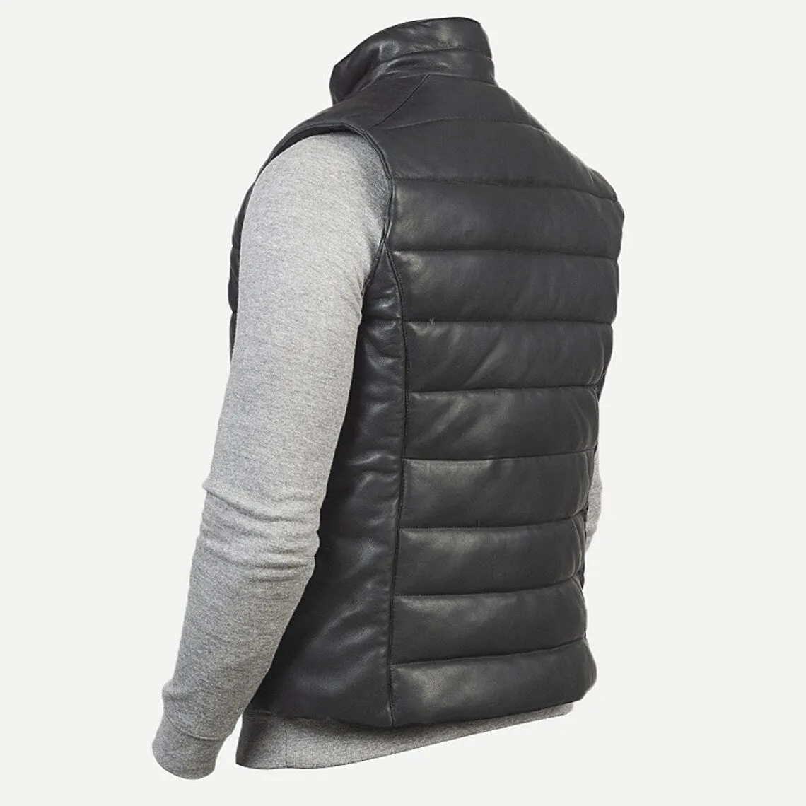 Men's Black Leather Puffer Vest with Zipper Closure and Side Pockets