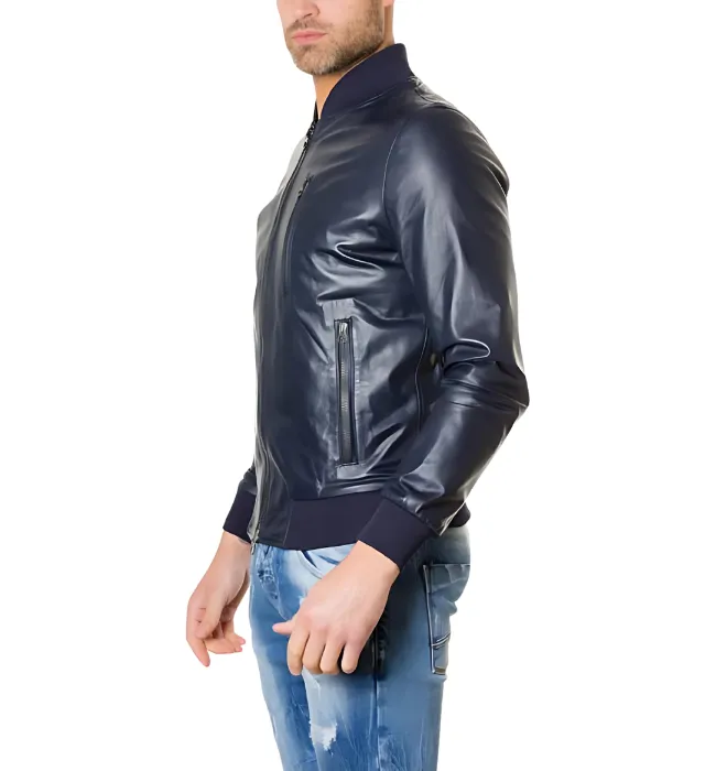 Mens Bomber Blue Leather Plain Jacket