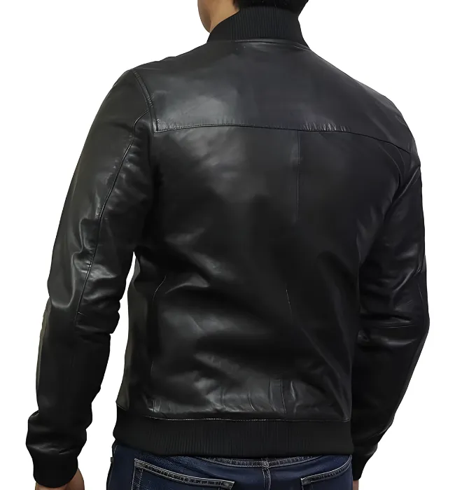 Mens Bomber Blue Leather Plain Jacket