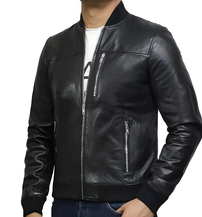 Mens Bomber Blue Leather Plain Jacket