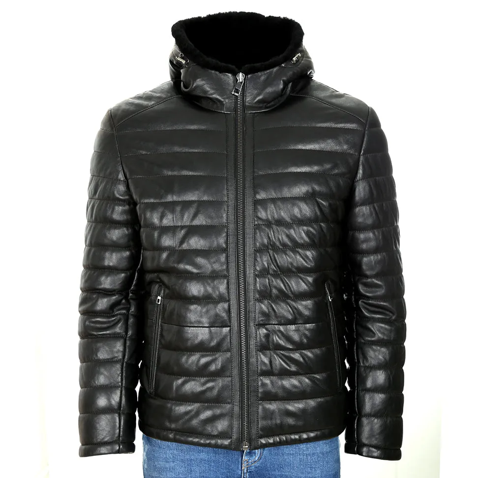 Mens Mason Puffer Leather Jacket with Fur Hoodie