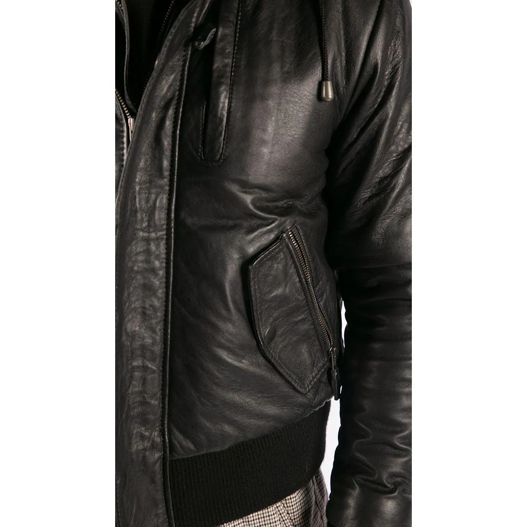 Mens Real Fur Hood Bomber Leather Jacket Black Puffer Padded