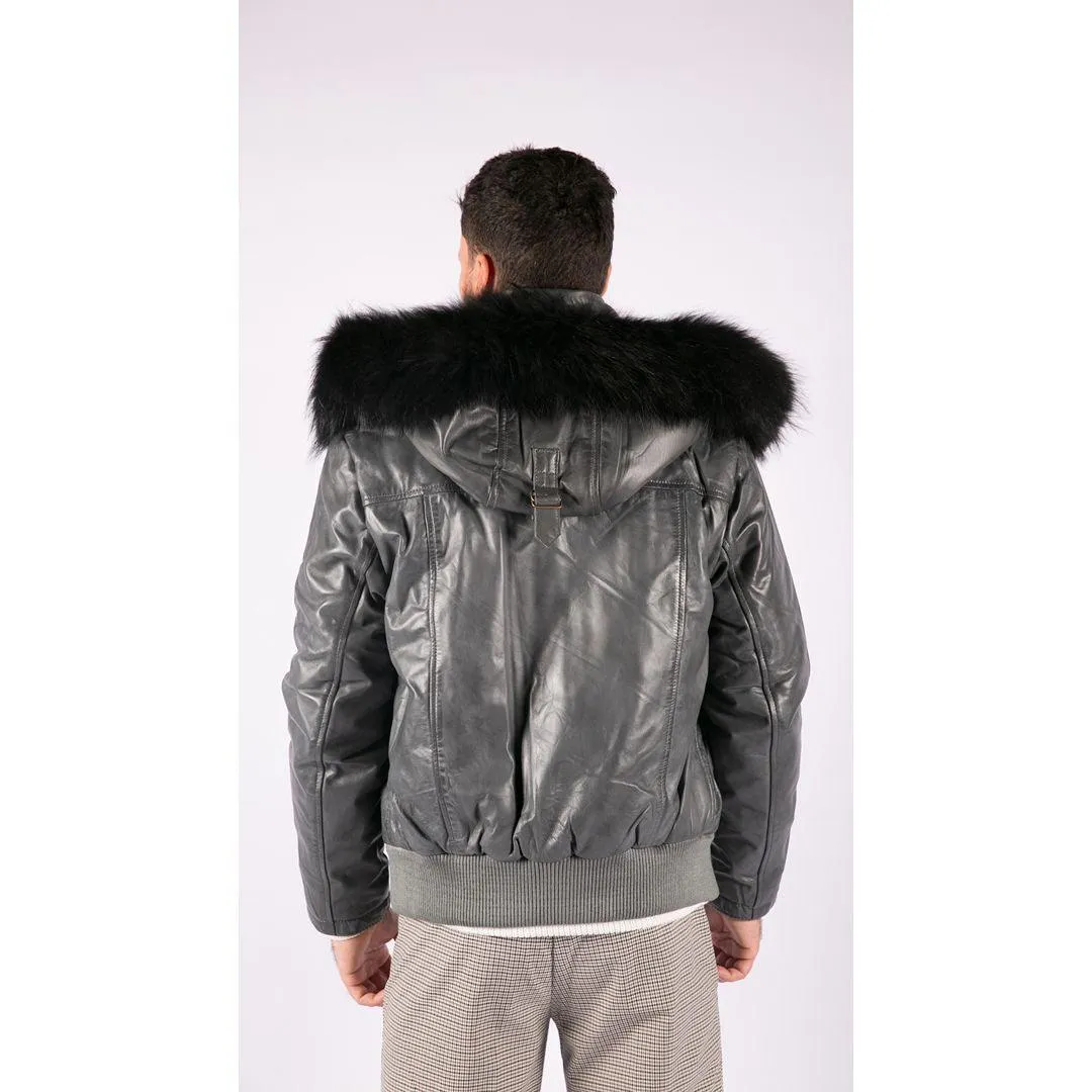 Mens Real Fur Hood Bomber Leather Jacket Black Puffer Padded