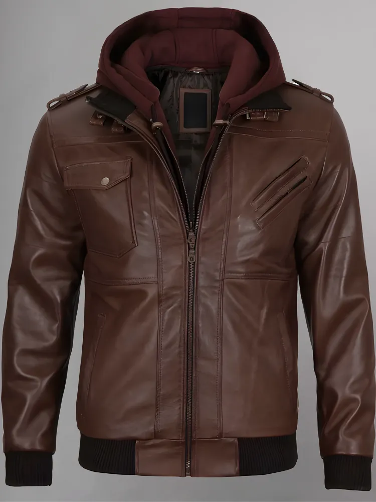 Mens Removable Hood Bomber Red Leather Jacket