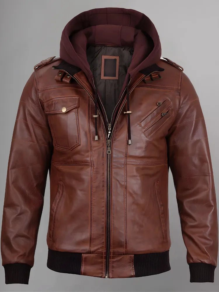 Mens Removable Hood Bomber Red Leather Jacket