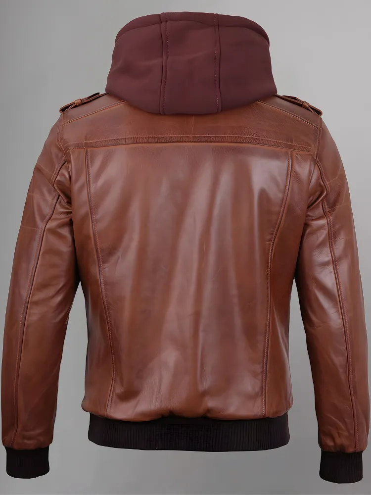 Mens Removable Hood Bomber Red Leather Jacket