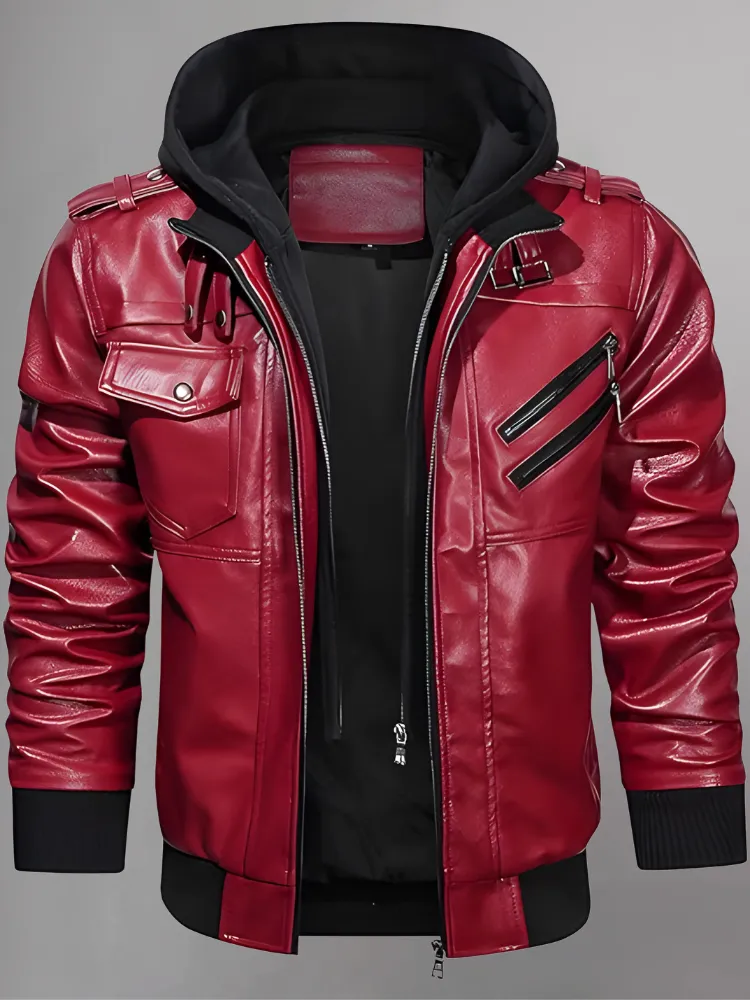 Mens Removable Hood Bomber Red Leather Jacket