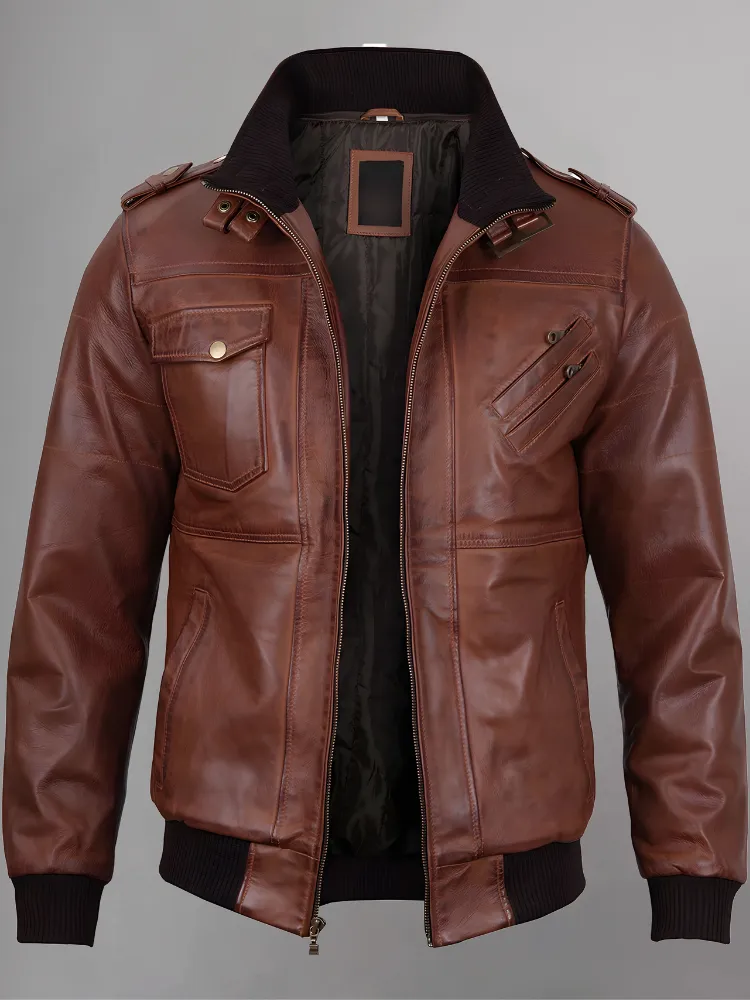 Mens Removable Hood Bomber Red Leather Jacket