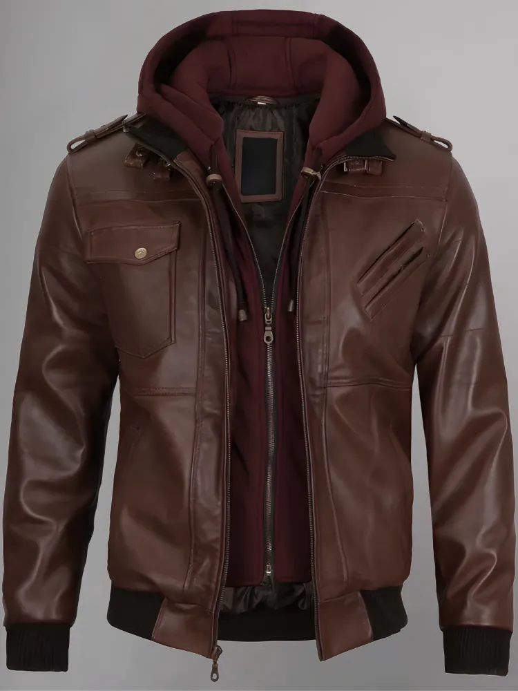 Mens Removable Hood Bomber Red Leather Jacket