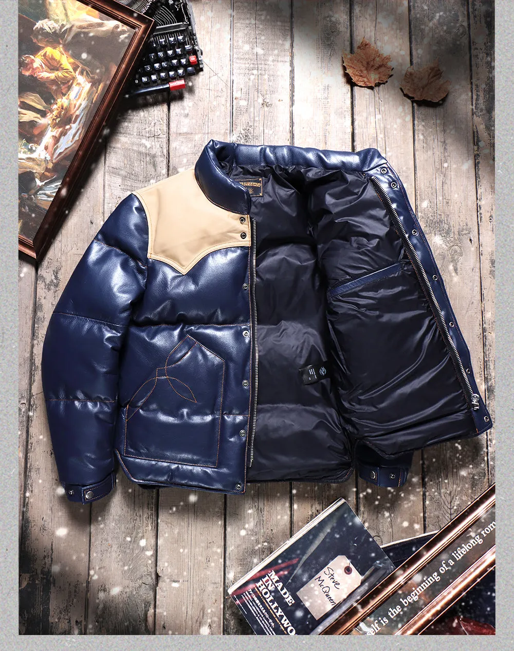 Men's Two Tone Leather Down Jacket