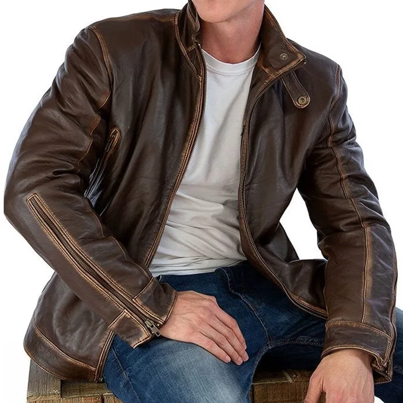 Men's Vintage Retro Biker Brown Waxed Leather Jacket