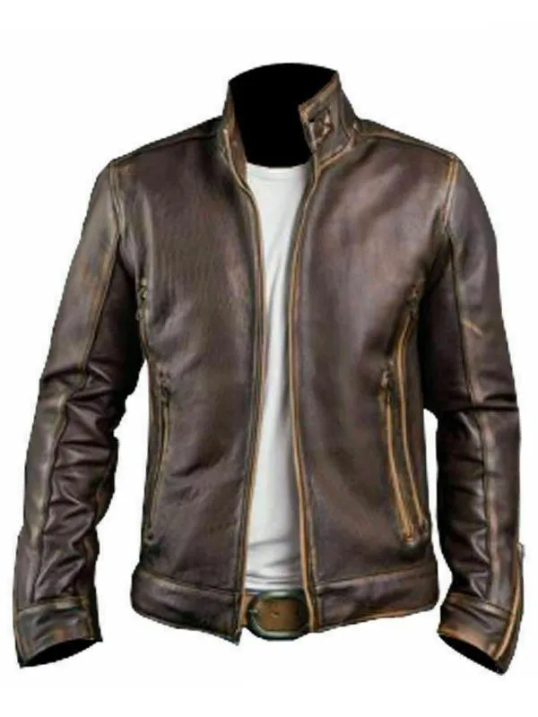 Men's Vintage Retro Biker Brown Waxed Leather Jacket