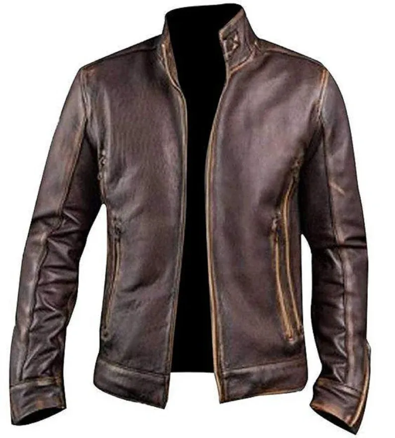 Men's Vintage Retro Biker Brown Waxed Leather Jacket