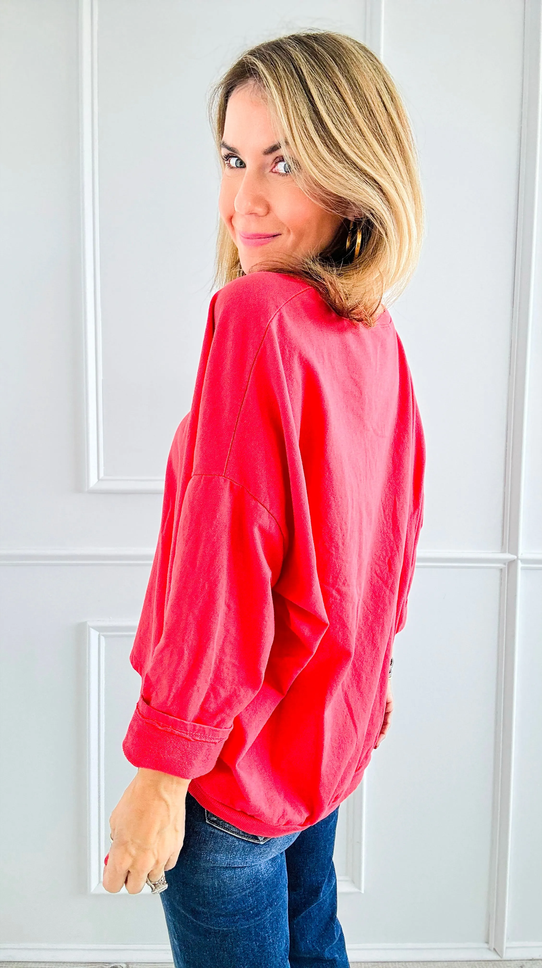 Metallic Foil Detailed Comfort Italian Pullover- Coral/Gold