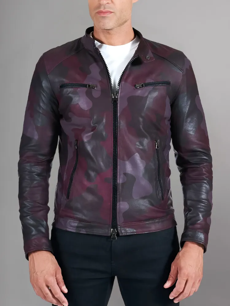 Military blue nappa lamb leather bomber jacket