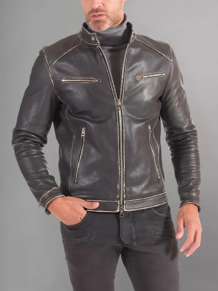 Military blue nappa lamb leather bomber jacket