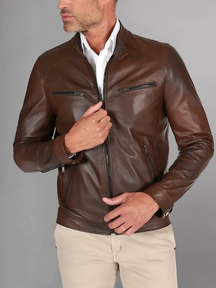 Military blue nappa lamb leather bomber jacket