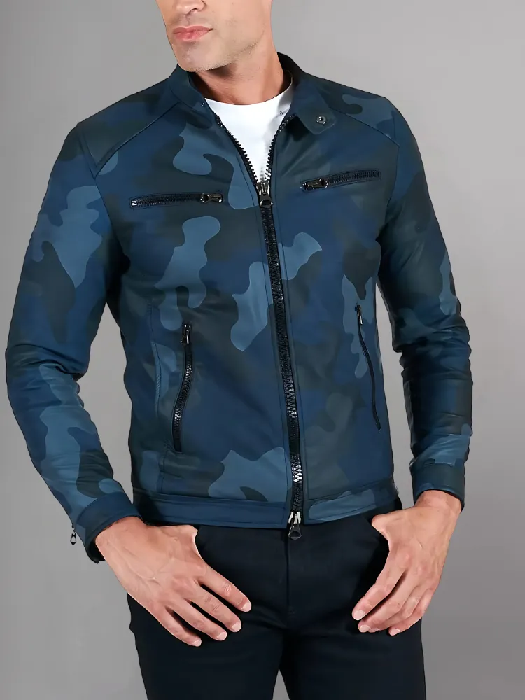 Military blue nappa lamb leather bomber jacket