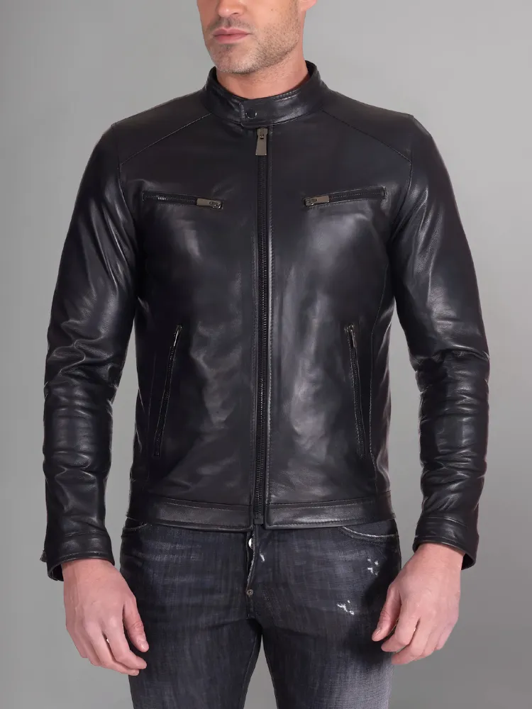 Military blue nappa lamb leather bomber jacket