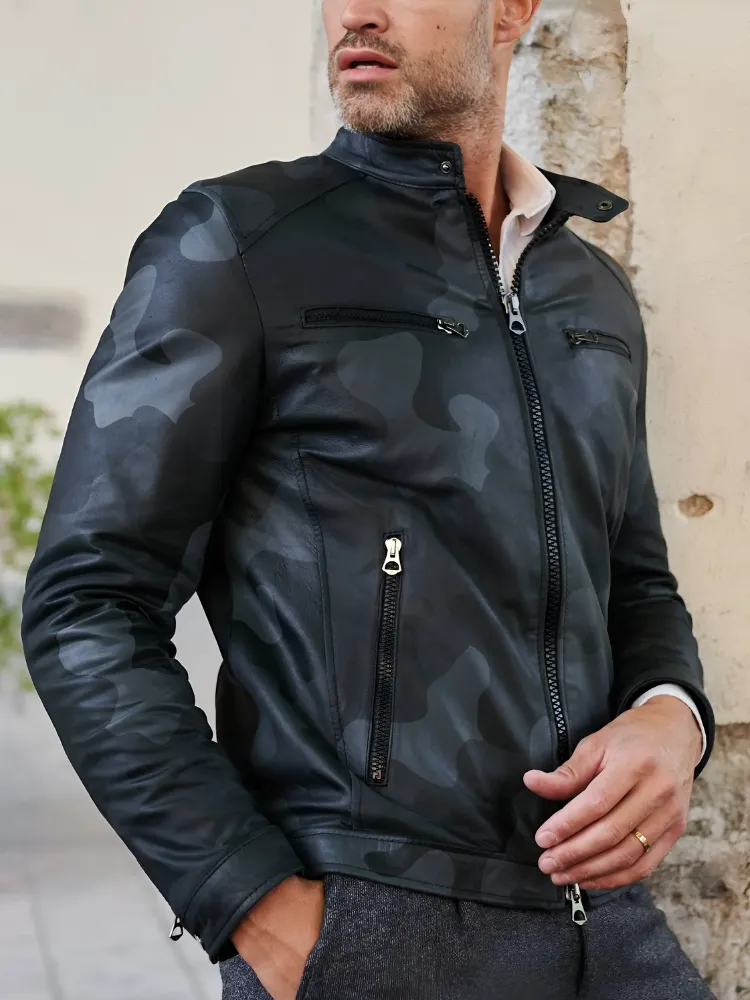 Military blue nappa lamb leather bomber jacket