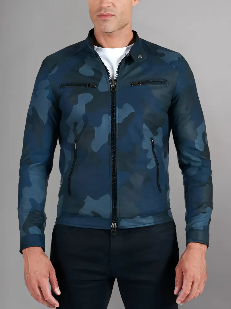 Military blue nappa lamb leather bomber jacket