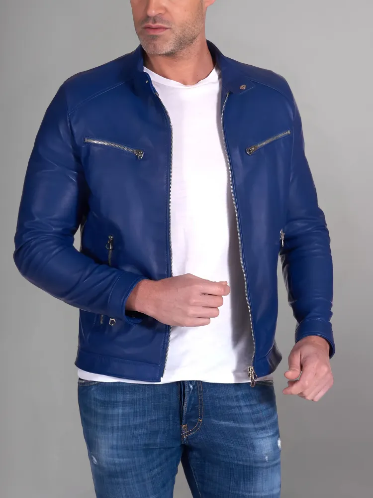 Military blue nappa lamb leather bomber jacket