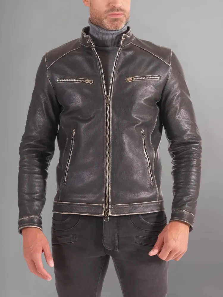 Military blue nappa lamb leather bomber jacket