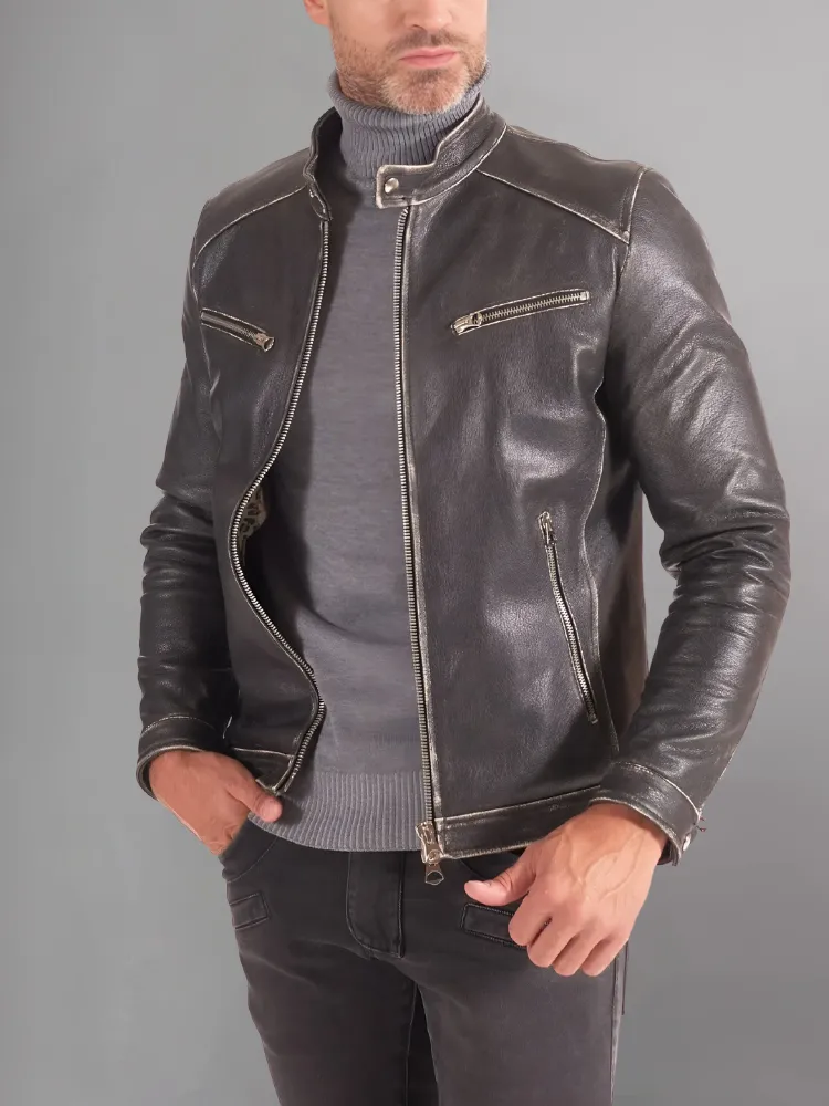 Military blue nappa lamb leather bomber jacket