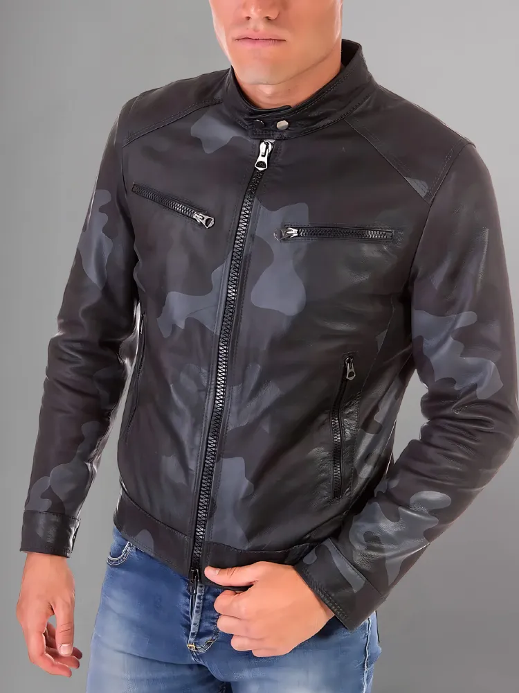 Military blue nappa lamb leather bomber jacket