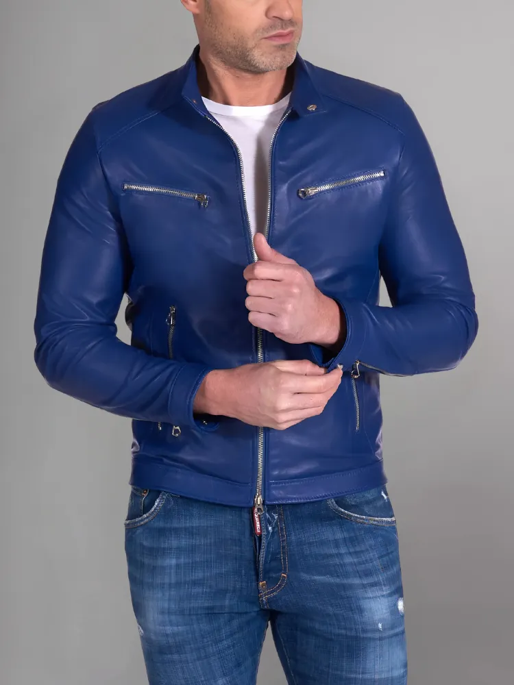 Military blue nappa lamb leather bomber jacket