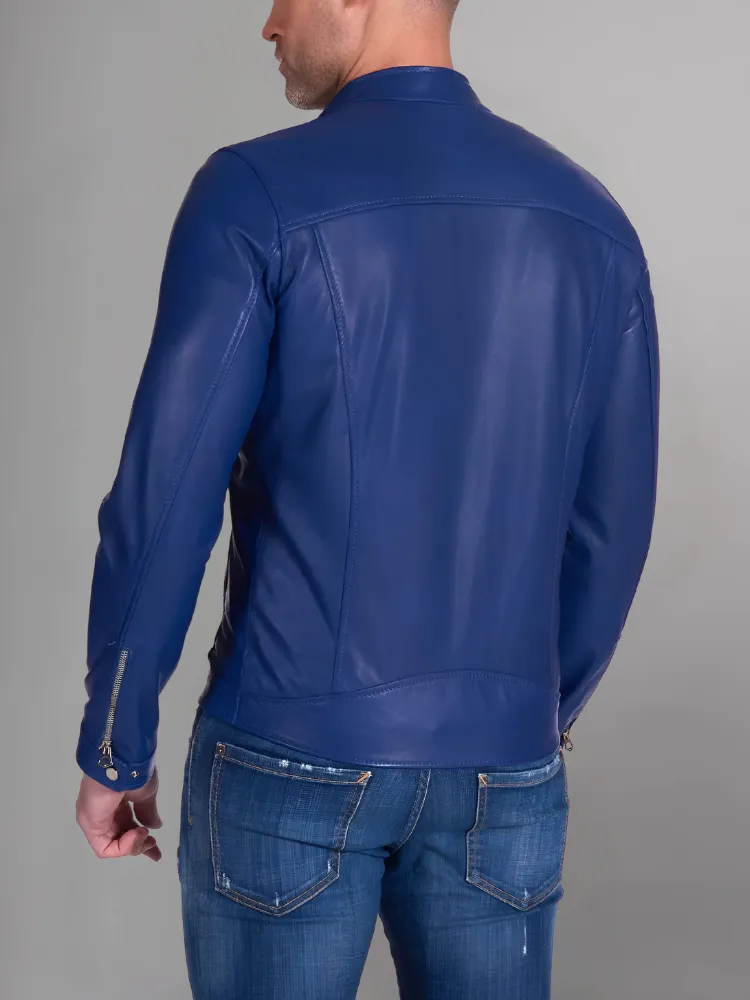 Military blue nappa lamb leather bomber jacket