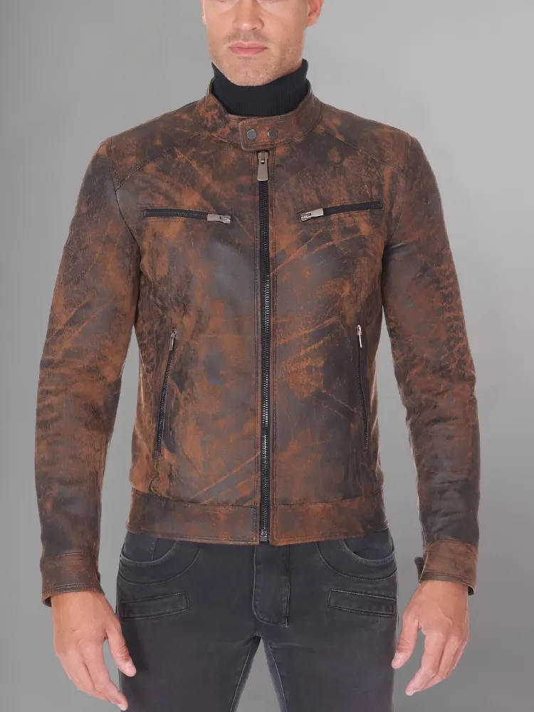 Military blue nappa lamb leather bomber jacket