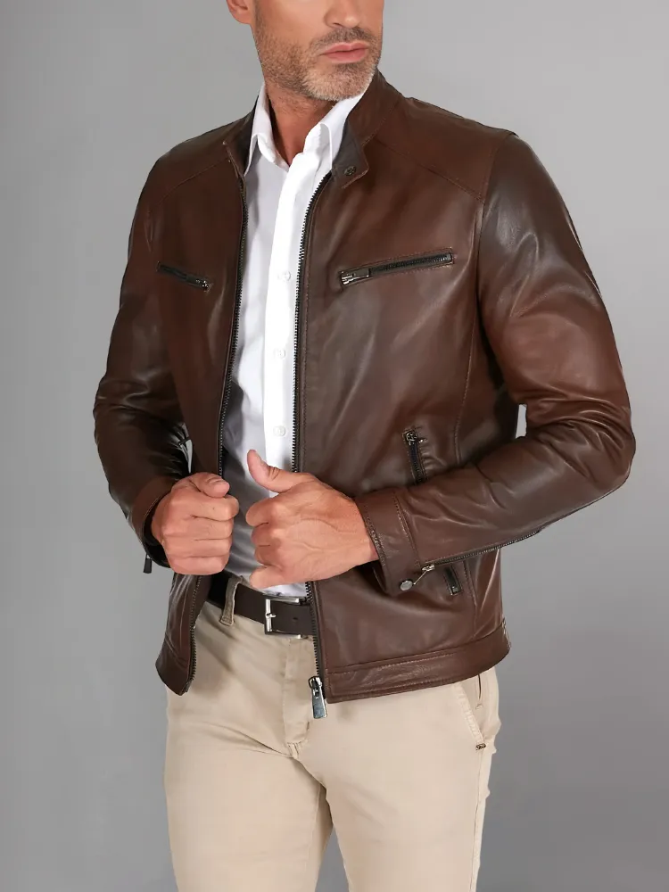 Military blue nappa lamb leather bomber jacket