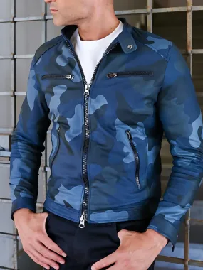 Military blue nappa lamb leather bomber jacket