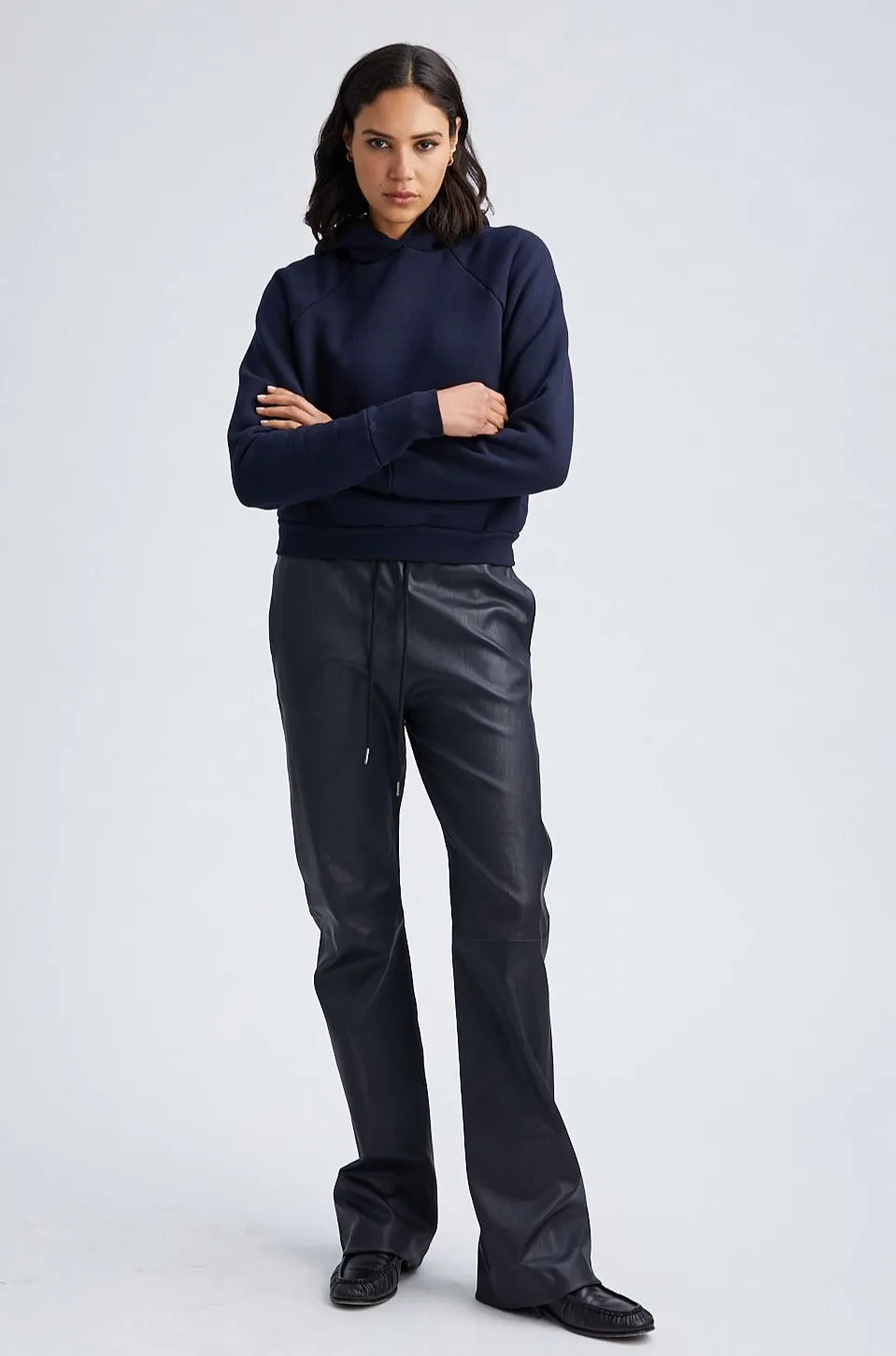 Navy Leather Drawstring Straight Leg Pants