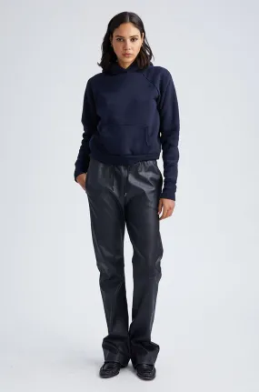 Navy Leather Drawstring Straight Leg Pants