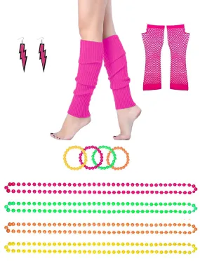 Neon Pink 11 Piece 1980s Costume Accessory Set