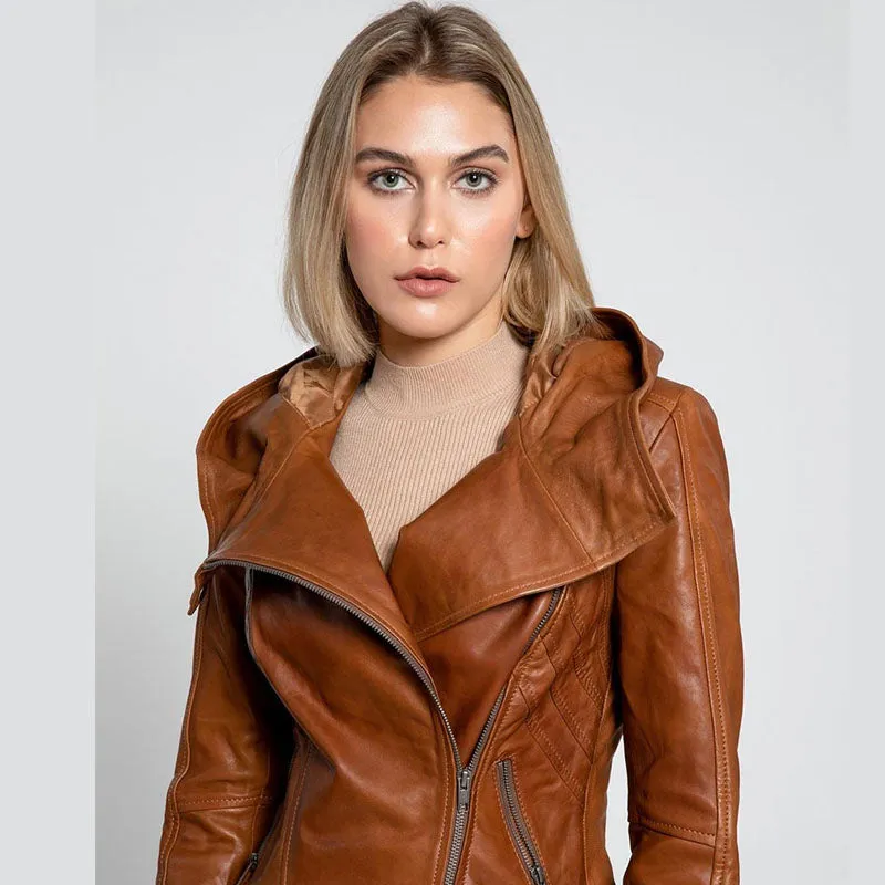 New Look For Women Style Cindra Brown Hooded Asymmetrical Zip Leather Jacket