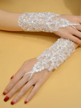 One Pair Of White Pearl Embroidered Short Bridal Gloves, Polyester & Lace Wedding Gloves