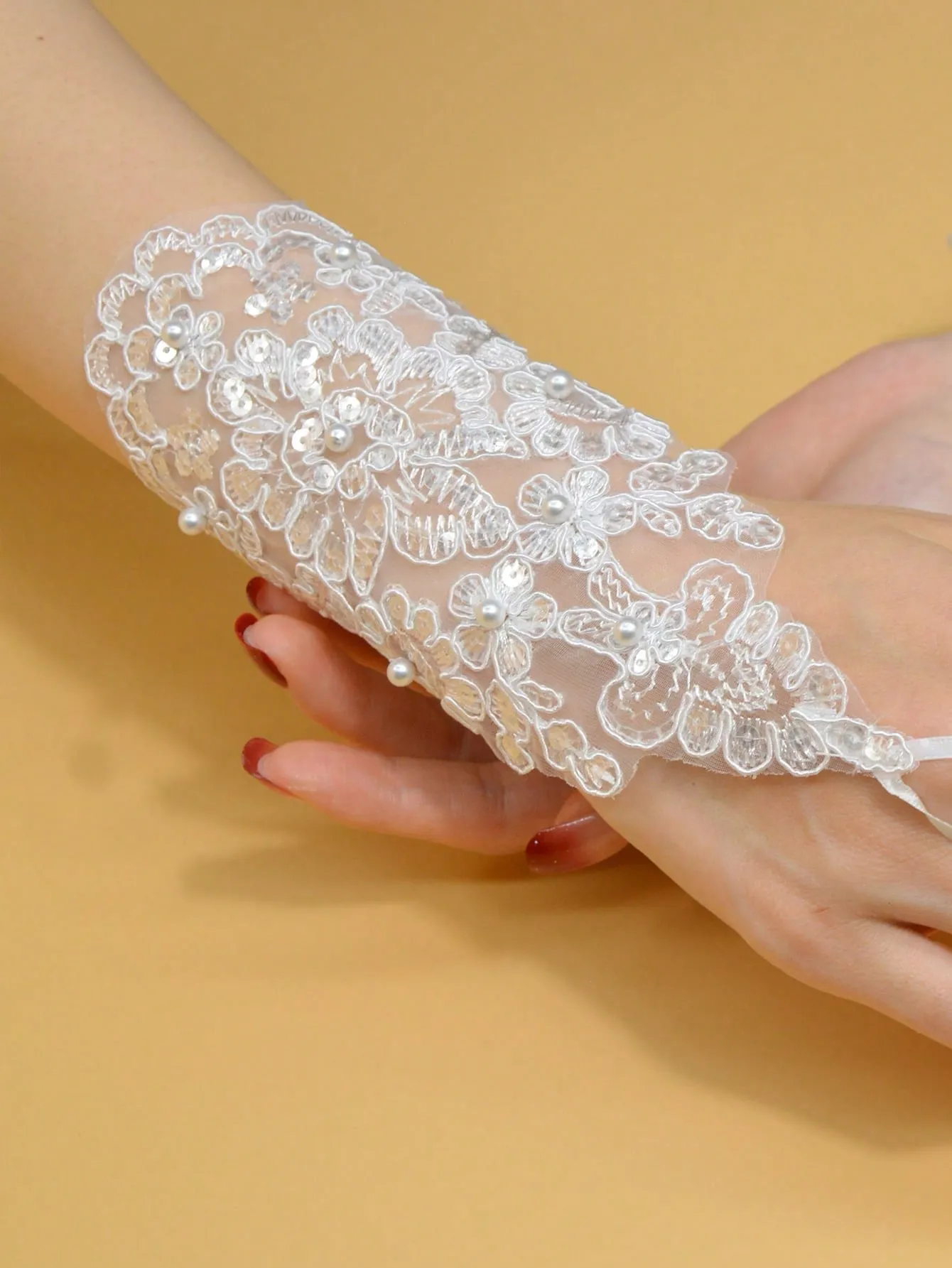 One Pair Of White Pearl Embroidered Short Bridal Gloves, Polyester & Lace Wedding Gloves